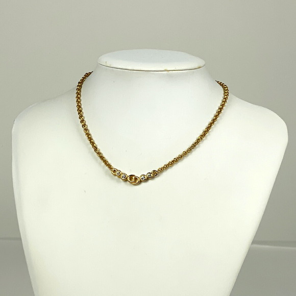 Christian Dior Logo Rhinestone Necklace CD GP Gold - Picture 4 of 4